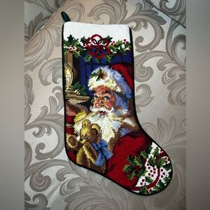 Needlepoint Christmas Stocking Santa Holiday Home Decor Green Velvet Holly